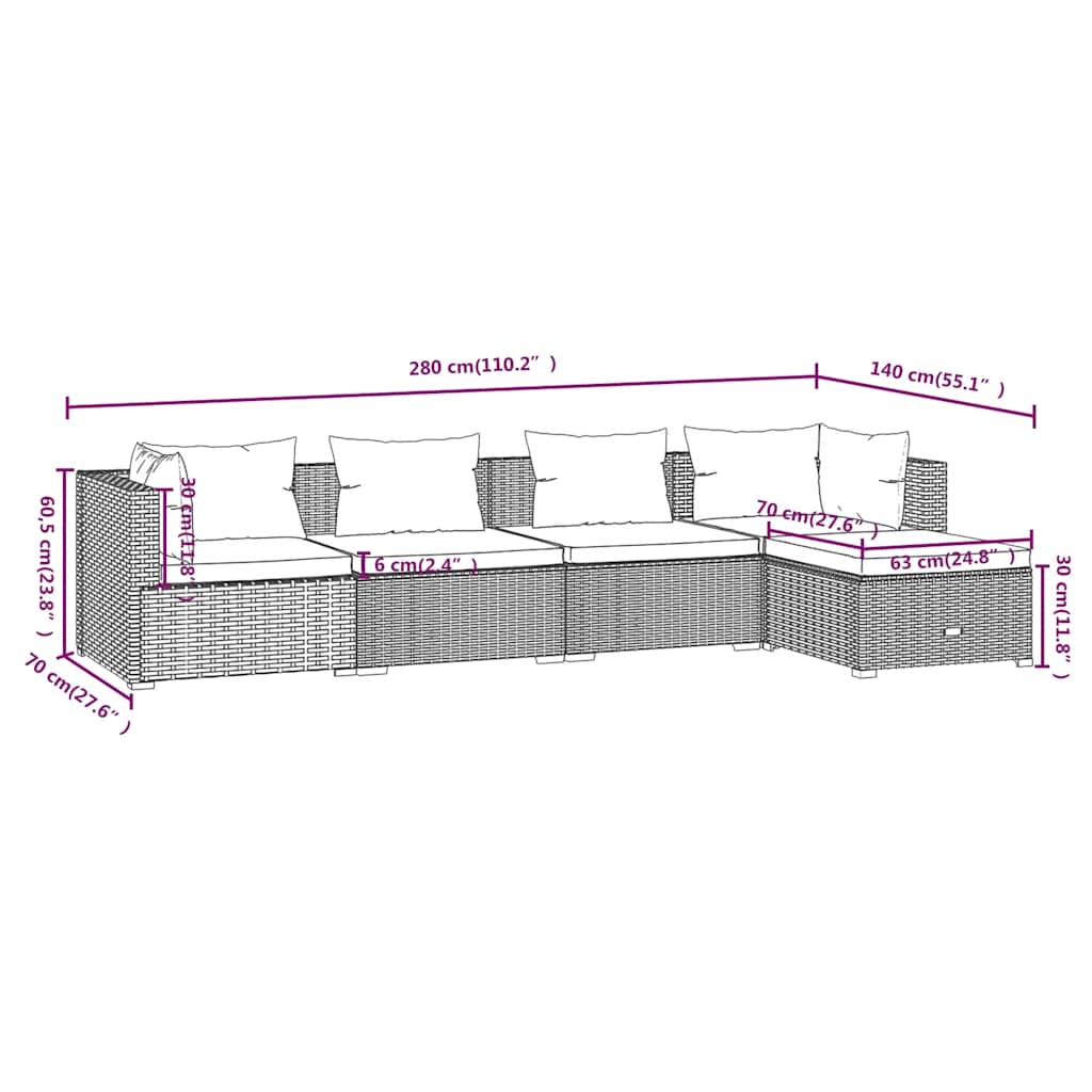 Σαλόνι Κήπου Σετ 5 Τεμαχίων Γκρι Συνθετικό Ρατάν με Μαξιλάρια - PAKOBAZAAR
