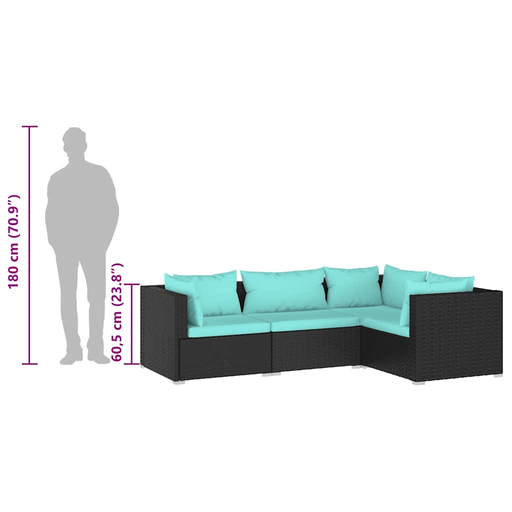 Σαλόνι Κήπου Σετ 4 Τεμαχίων Μαύρο Συνθετικό Ρατάν με Μαξιλάρια - PAKOBAZAAR