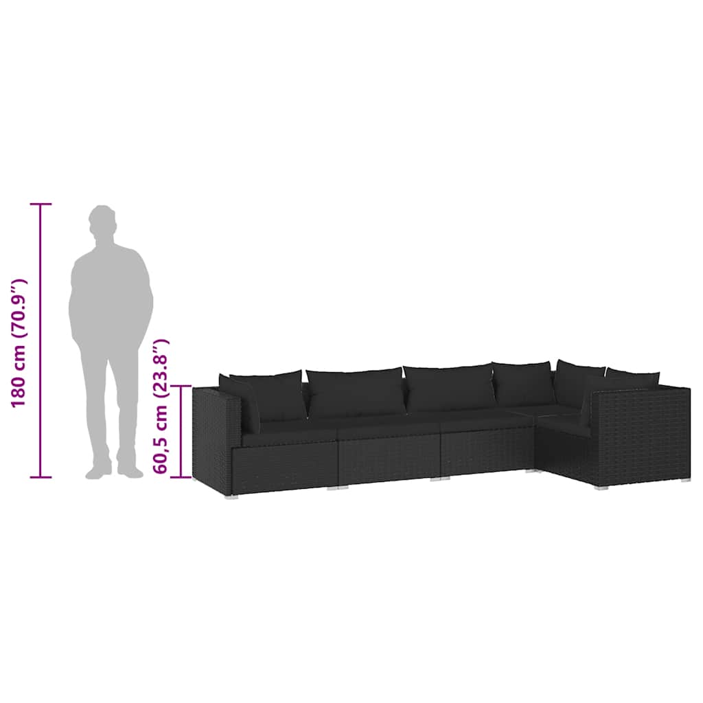 Σαλόνι Κήπου 5 Τεμαχίων Μαύρο Συνθετικό Ρατάν με Μαξιλάρια - PAKOBAZAAR