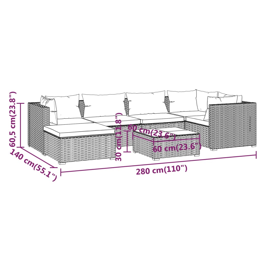 Σαλόνι Κήπου Σετ 7 Τεμαχίων Μαύρο Συνθετικό Ρατάν με Μαξιλάρια - PAKOBAZAAR
