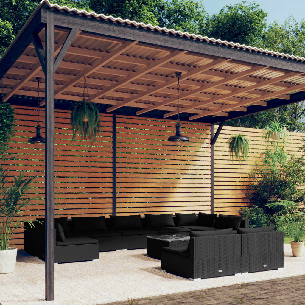 Σαλόνι Κήπου Σετ 10 Τεμαχίων Μαύρο Συνθετικό Ρατάν με Μαξιλάρια - PAKOBAZAAR