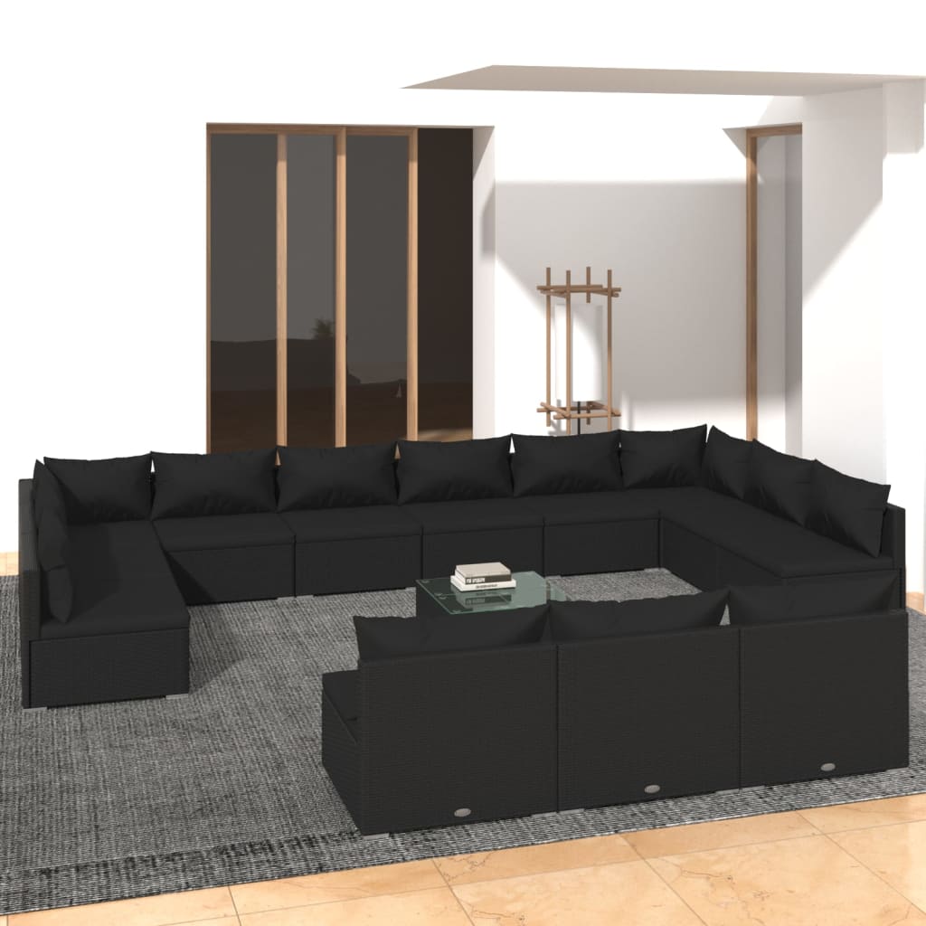 Σαλόνι Κήπου Σετ 14 Τεμαχίων Μαύρο Συνθετικό Ρατάν με Μαξιλάρια - PAKOBAZAAR