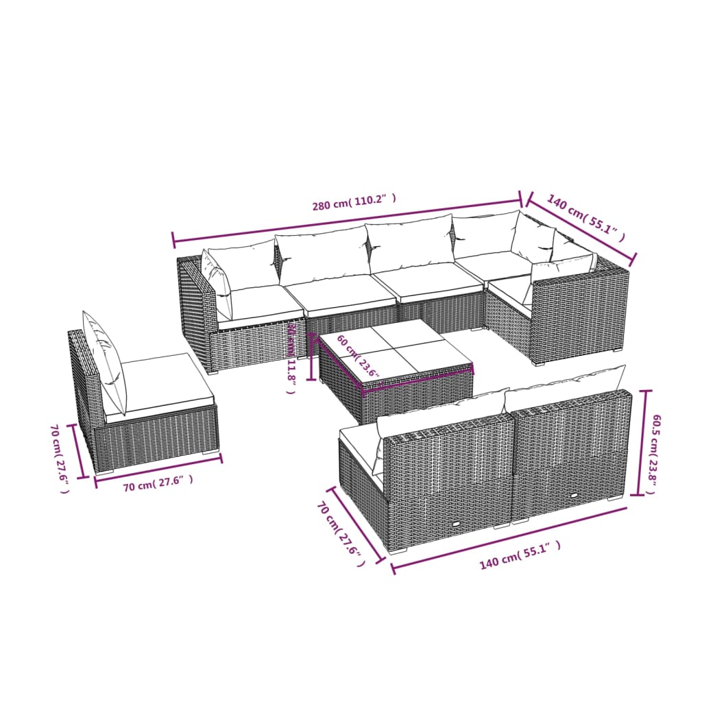 Σαλόνι Κήπου Σετ 9 Τεμαχίων Καφέ Συνθετικό Ρατάν με Μαξιλάρια - PAKOBAZAAR