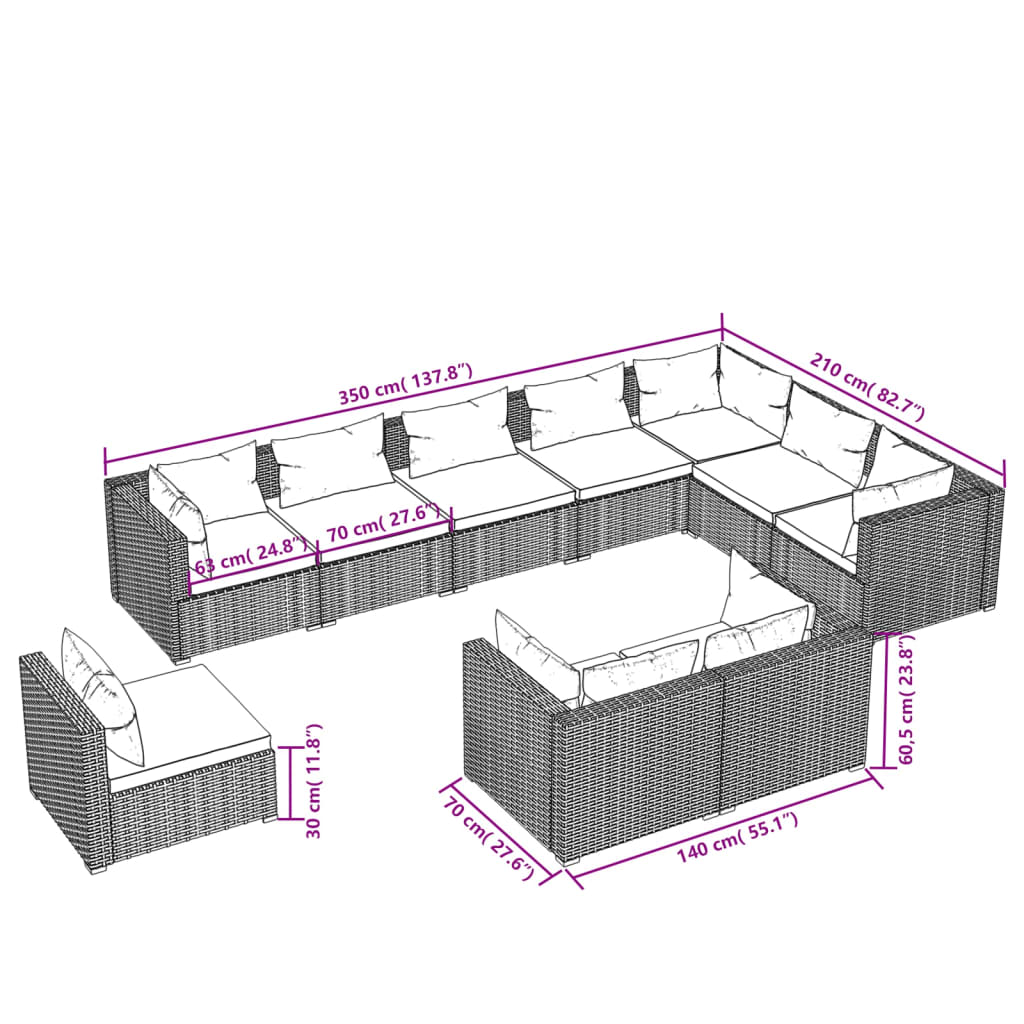 Σαλόνι Κήπου Σετ 10 Τεμαχίων Καφέ Συνθετικό Ρατάν με Μαξιλάρια - PAKOBAZAAR