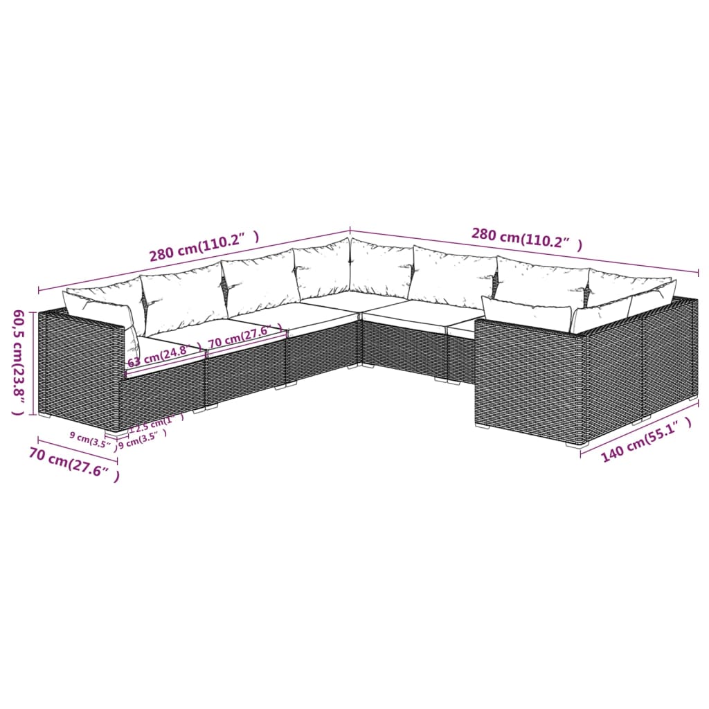 Σαλόνι Κήπου Σετ 8Τεμαχίων Καφέ Συνθετικό Ρατάν με Μαξιλάρια - PAKOBAZAAR
