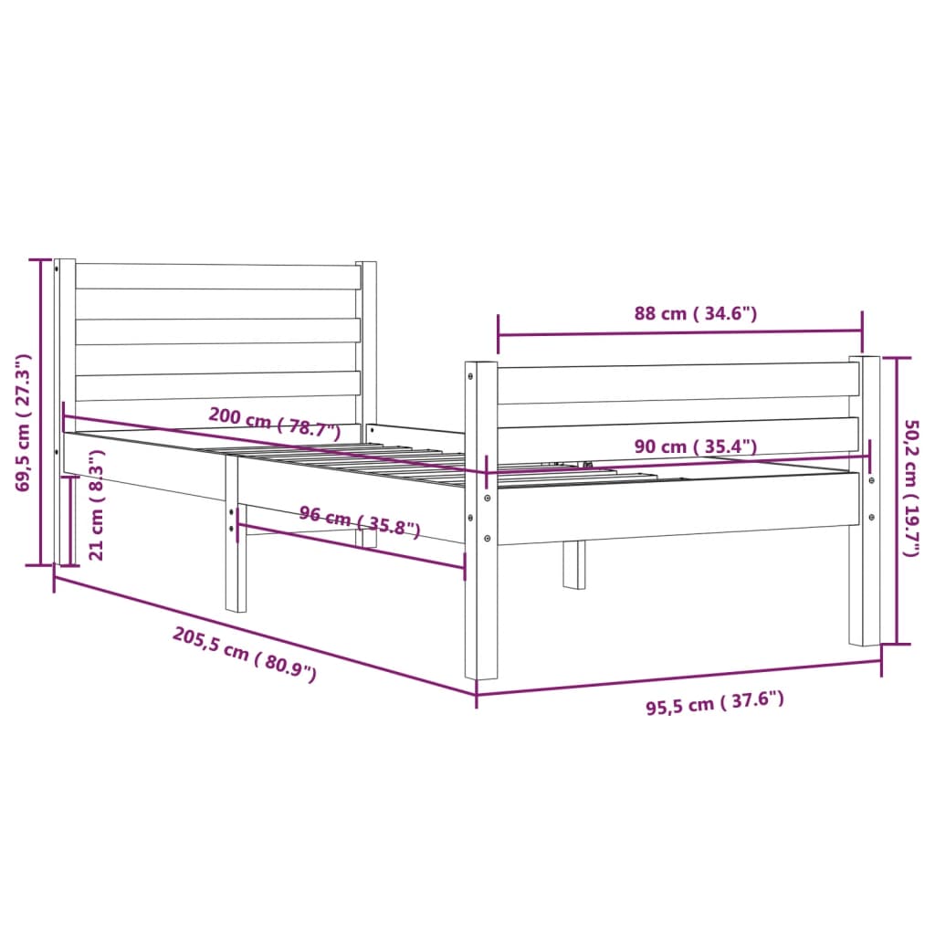 Πλαίσιο Κρεβατιού Μελί 90 x 200 εκ. από Μασίφ Ξύλο - Pakobazaar