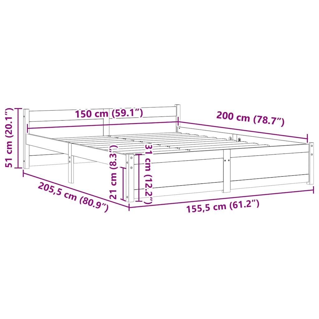 Πλαίσιο Κρεβατιού Μαύρο 150 x 200 εκ. Μασίφ Ξύλο King Size