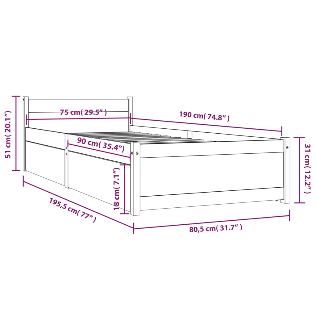 Πλαίσιο Κρεβατιού Με Συρτάρια Μελί 75x190 εκ. Small Single