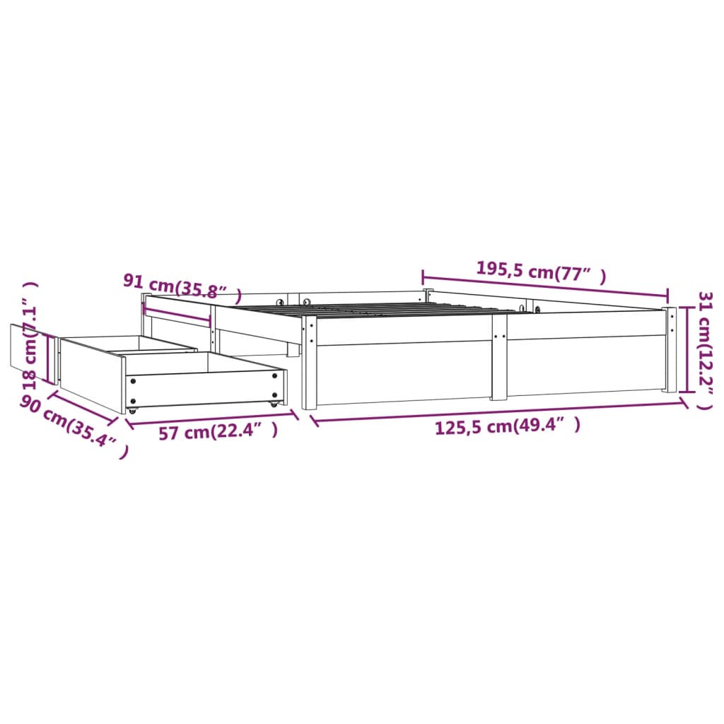 Πλαίσιο Κρεβατιού με Συρτάρια Γκρι 120x190 εκ. Small Double