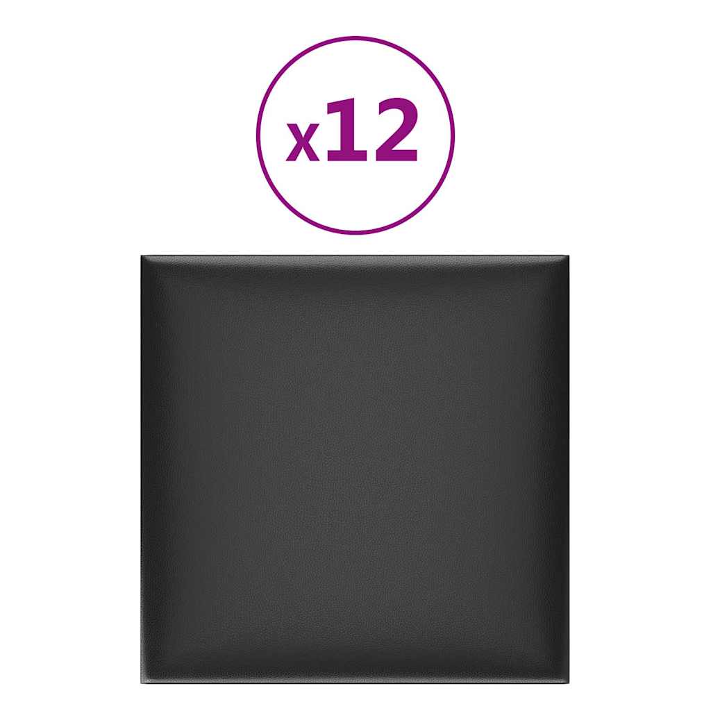 Πάνελ Τοίχου 12 τεμ. Μαύρα 30 x 30 εκ. 1,08 μ² Συνθετικό Δέρμα