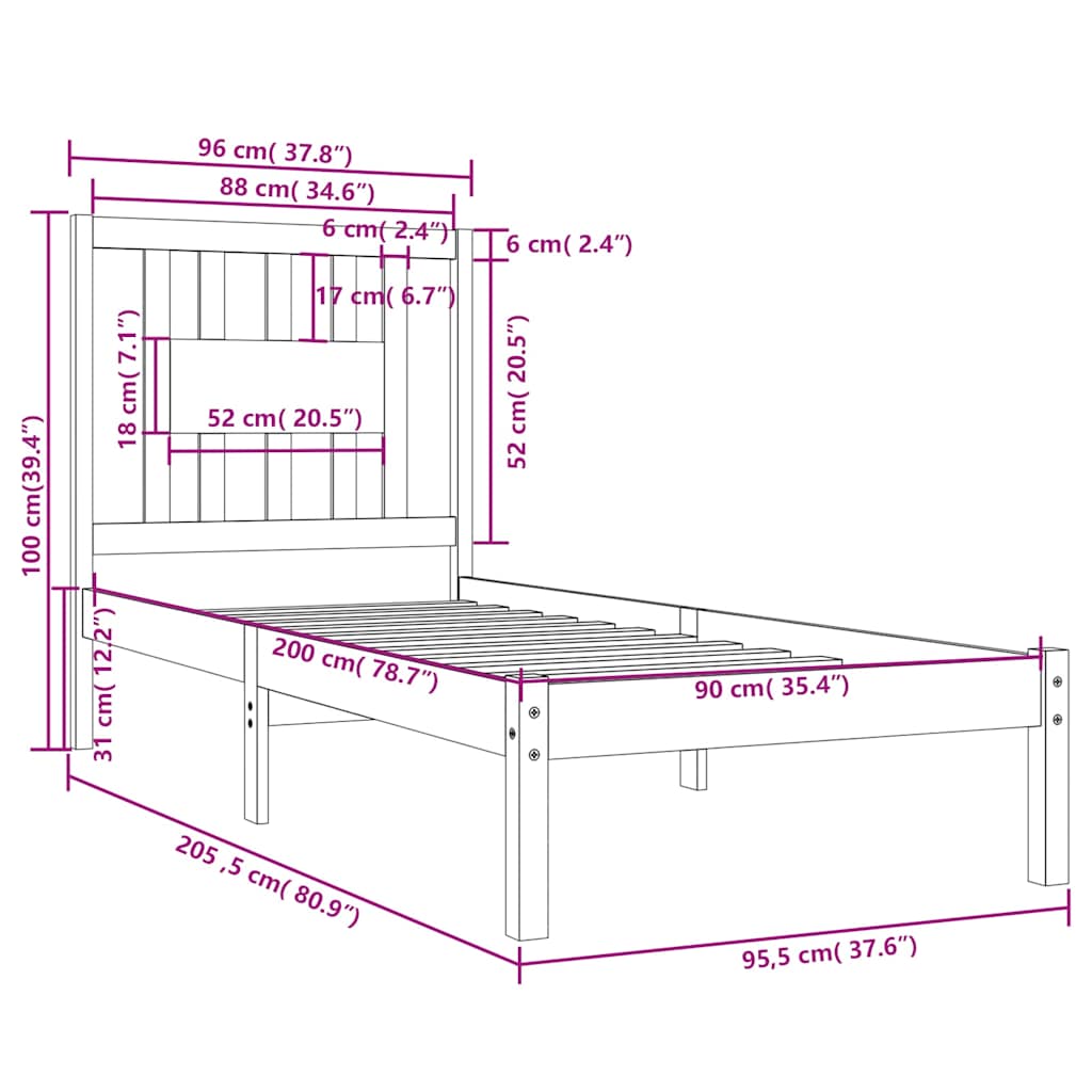 Πλαίσιο Κρεβατιού Μαύρο 90 x 200 εκ. από Μασίφ Ξύλο Πεύκου