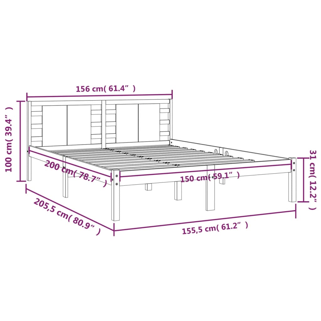 Πλαίσιο Κρεβατιού Γκρι 150 x 200 εκ. Μασίφ Ξύλο King Size