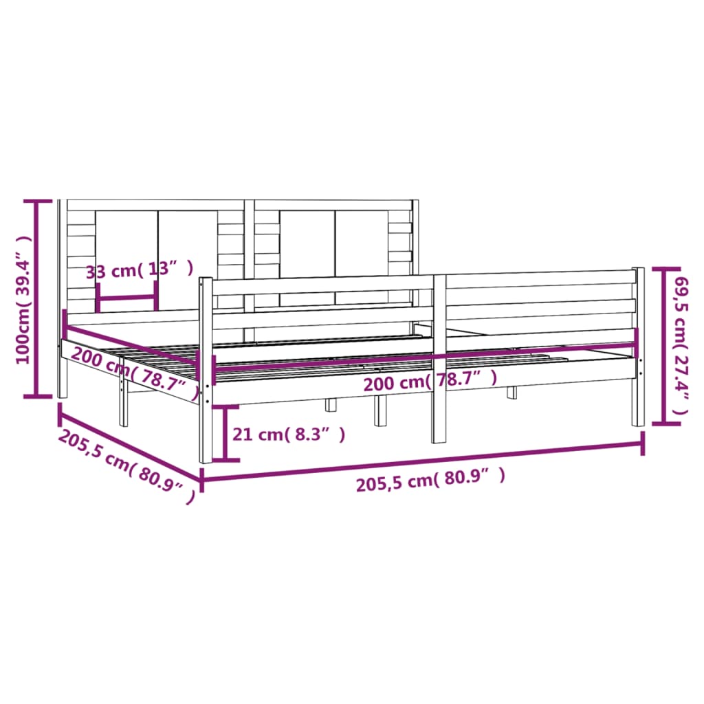 Πλαίσιο Κρεβατιού Μαύρο 200 x 200 εκ. από Μασίφ Ξύλο Πεύκου