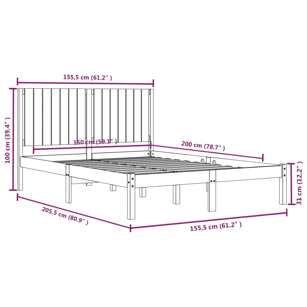 Πλαίσιο Κρεβατιού Λευκό 150 x 200 εκ. Μασίφ Ξύλο King Size
