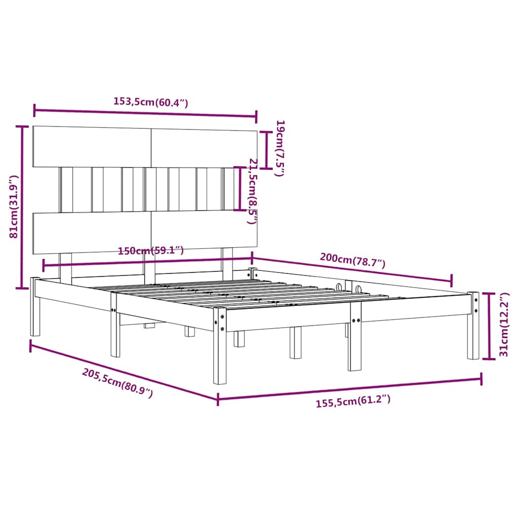 Πλαίσιο Κρεβατιού Μαύρο 150 x 200 εκ. Μασίφ Ξύλο King Size