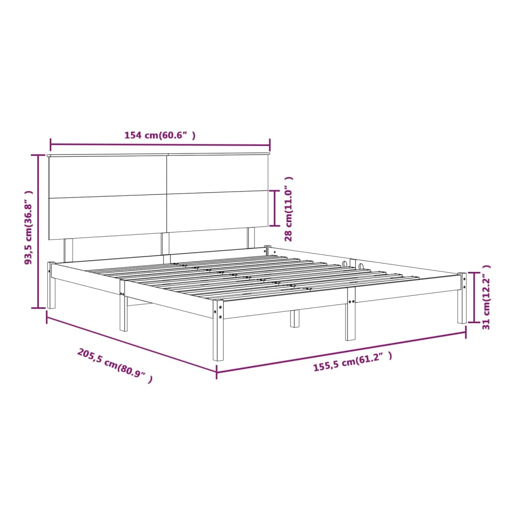 Πλαίσιο Κρεβατιού Μαύρο 150 x 200 εκ. Μασίφ Ξύλο King Size