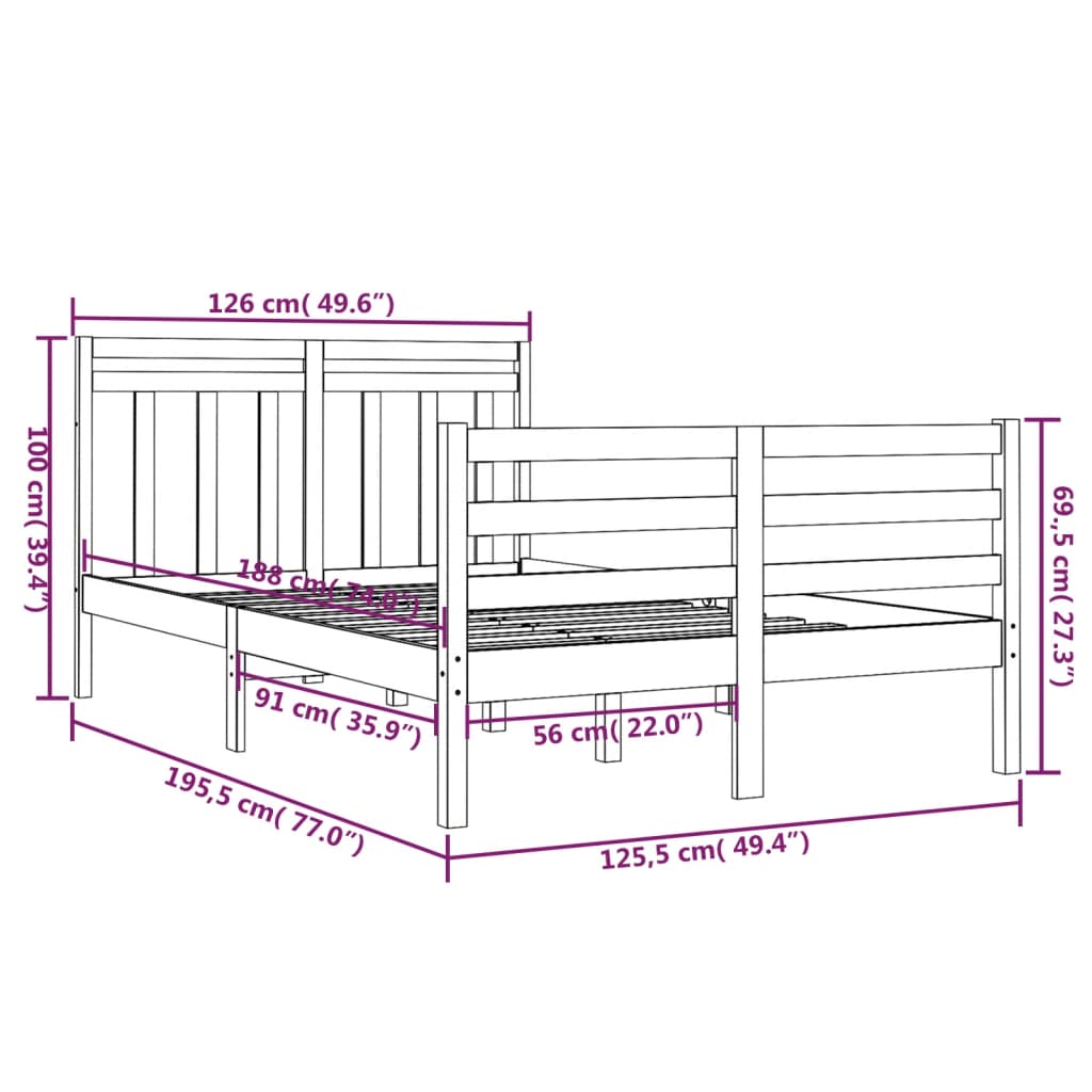 Πλαίσιο Κρεβατιού Γκρι 120x190 εκ. Μασίφ Ξύλο Small Double