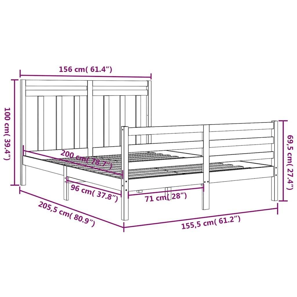 Πλαίσιο Κρεβατιού Μαύρο 150 x 200 εκ. Μασίφ Ξύλο King Size