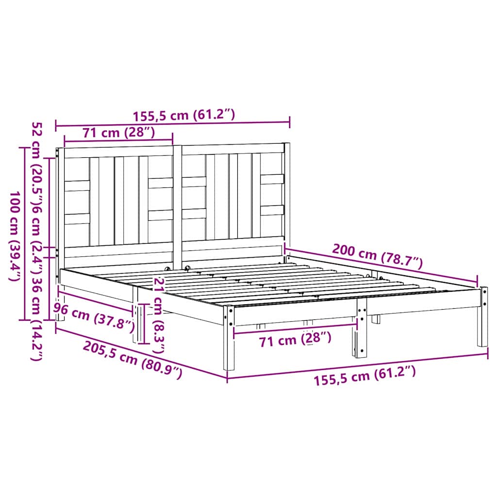Πλαίσιο Κρεβατιού Γκρι 150 x 200 εκ. Μασίφ Ξύλο King Size