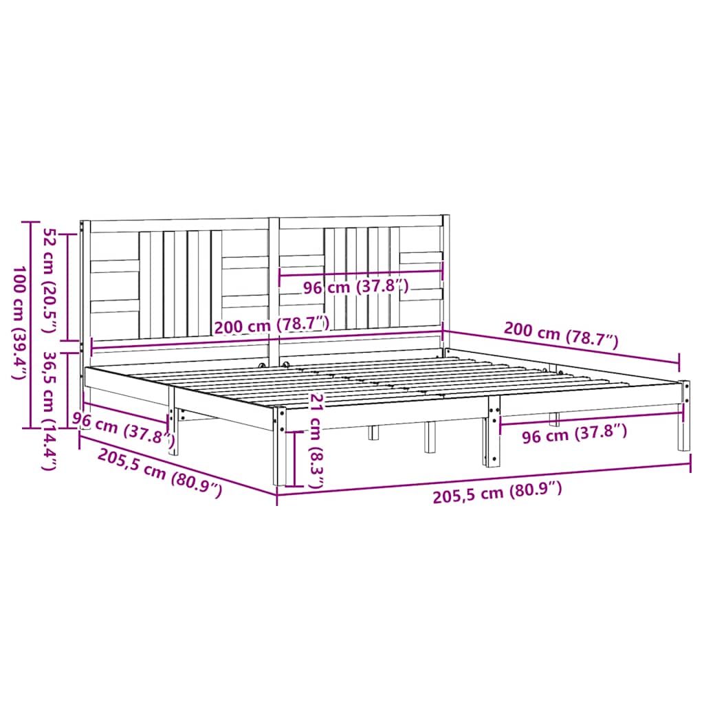 Πλαίσιο Κρεβατιού Μαύρο 200 x 200 εκ. από Μασίφ Ξύλο - PAKOBAZAAR