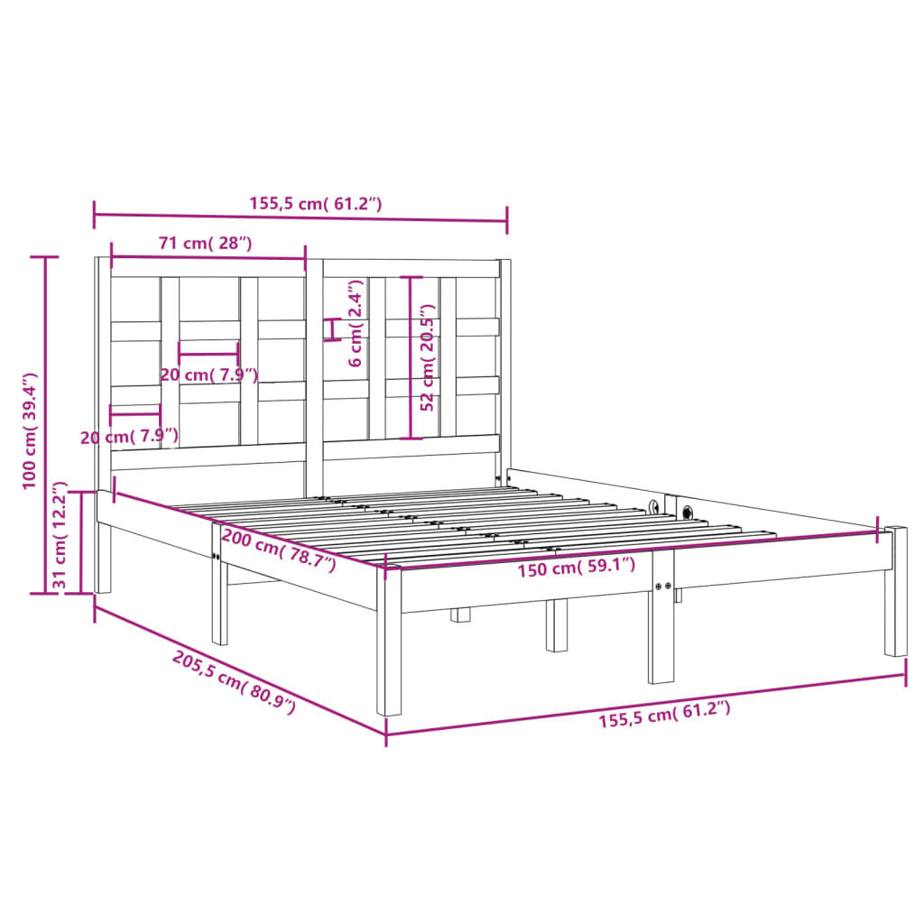 Πλαίσιο Κρεβατιού Γκρι 150 x 200 εκ. Μασίφ Ξύλο King Size