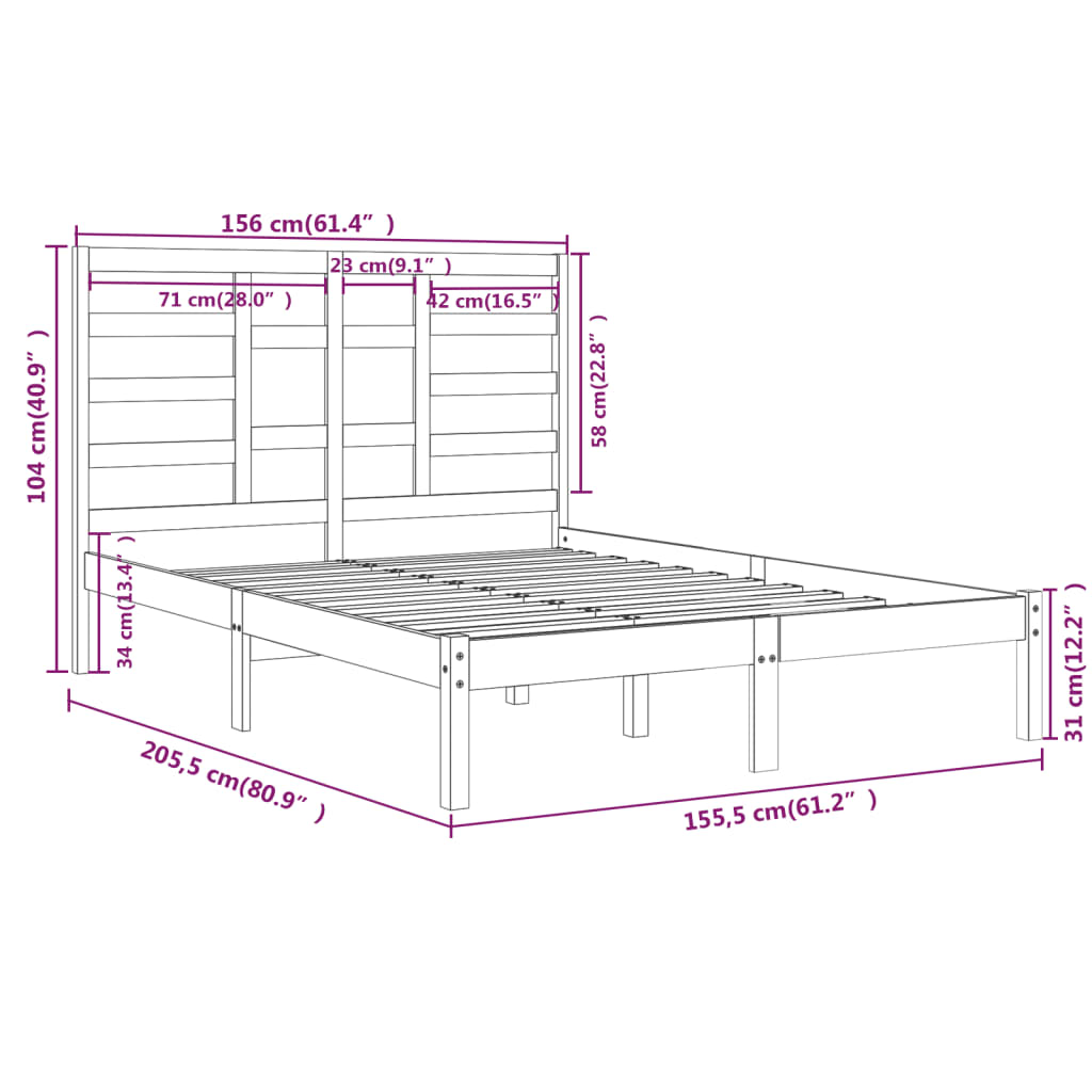 Πλαίσιο Κρεβατιού Μαύρο 150 x 200 εκ. Μασίφ Ξύλο King Size