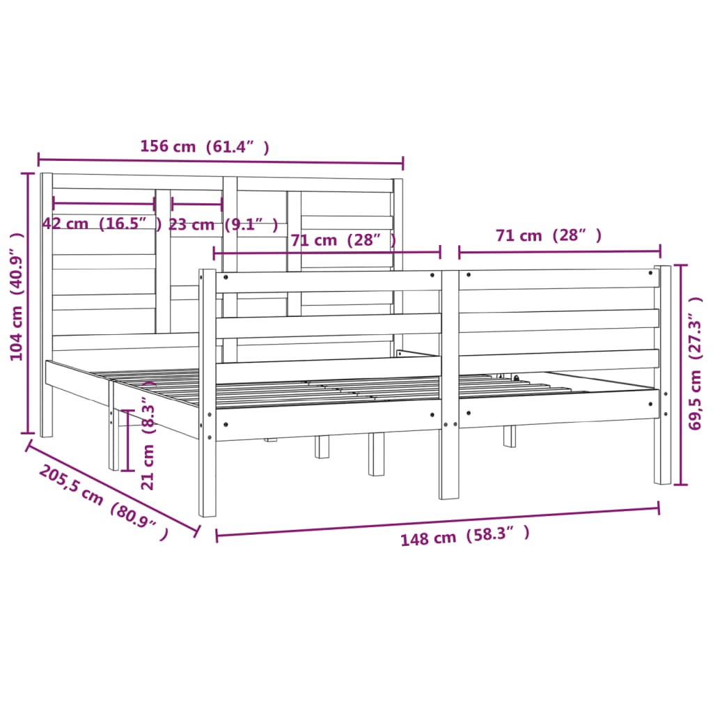 Πλαίσιο Κρεβατιού Μαύρο 150 x 200 εκ. Μασίφ Ξύλο King Size