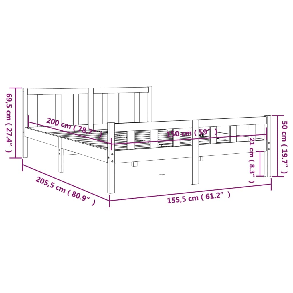 Πλαίσιο Κρεβατιού Μαύρο 150 x 200 εκ. Μασίφ Ξύλο King Size