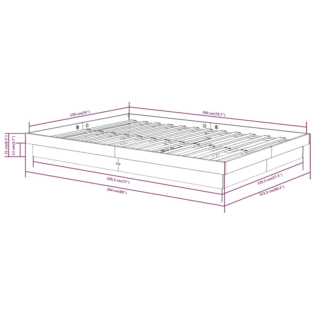 Πλαίσιο Κρεβατιού Γκρι 150 x 200 εκ. Μασίφ Ξύλο King Size - Pakobazaar
