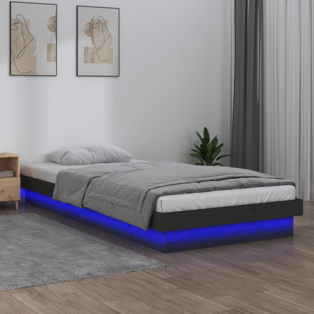 Πλαίσιο Κρεβατιού LED Γκρι 75x190 εκ. Μικρό Μονό Μασίφ Ξύλο - Pakobazaar