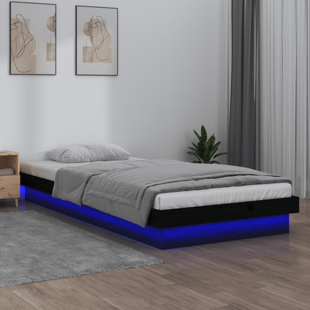 Πλαίσιο Κρεβατιού LED Μαύρο 90x190 εκ. Μονό Μασίφ Ξύλο