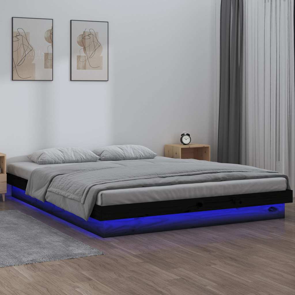 Πλαίσιο Κρεβατιού με LED Μαύρο 135x190 εκ. Διπλό Μασίφ Ξύλο