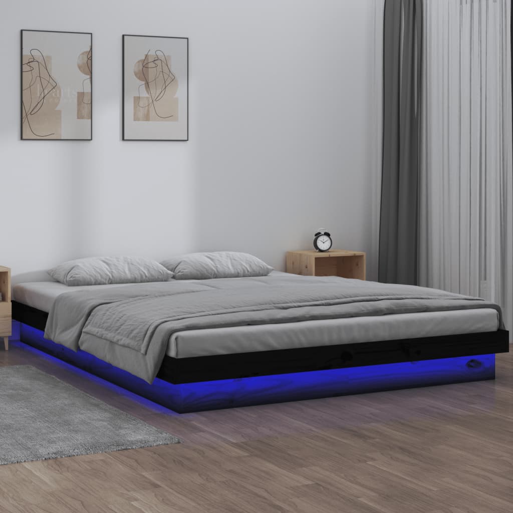 Πλαίσιο Κρεβατιού με LED Μαύρο 140 x 190 εκ. από Μασίφ Ξύλο