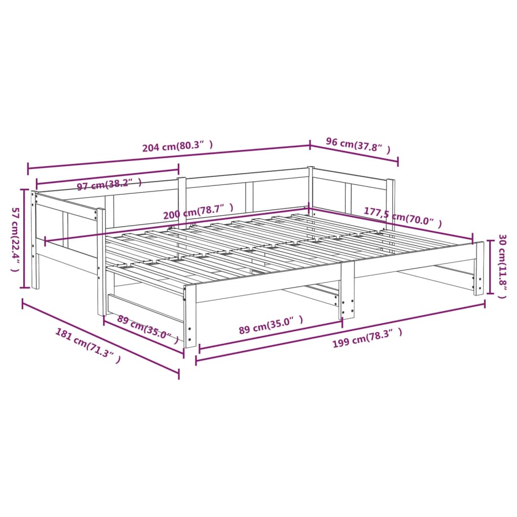 Καναπές Κρεβάτι Συρόμενος Μαύρος 2x(90x200) εκ. από Μασίφ Πεύκο