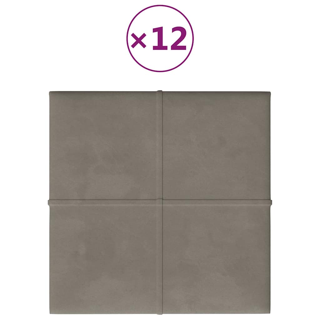 Πάνελ Τοίχου 12 τεμ. Ανοιχτό Γκρι 30x30 εκ. 1,08 μ² Βελούδο