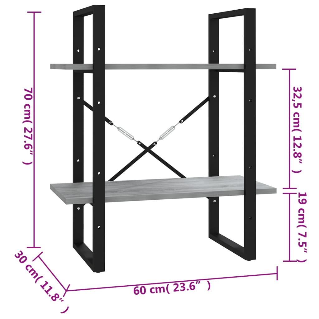 Βιβλιοθήκη με 2 Ράφια Γκρι Sonoma 60x30x70 εκ. Επεξεργ. Ξύλο