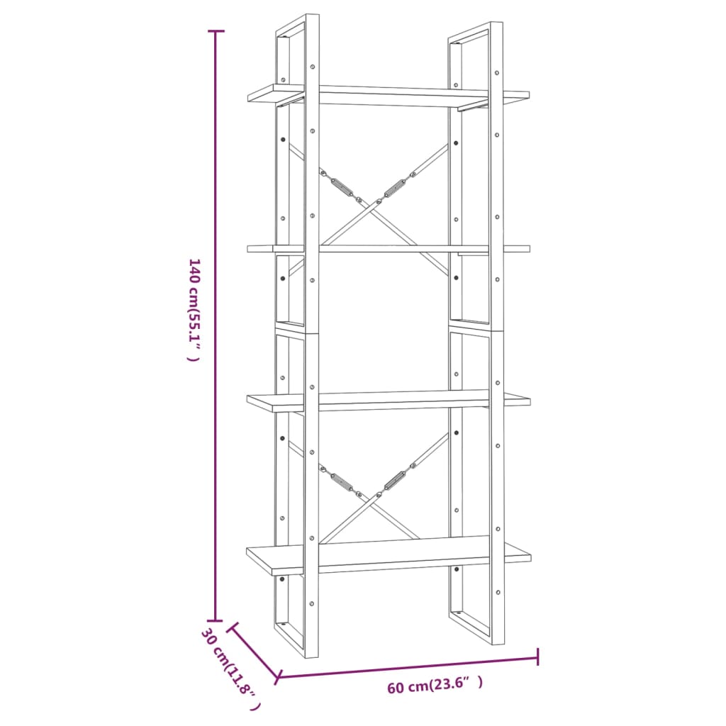 Βιβλιοθήκη με 4 Ράφια Καφέ Δρυς 60x30x140 εκ. Επεξεργ. Ξύλο - Pakobazaar