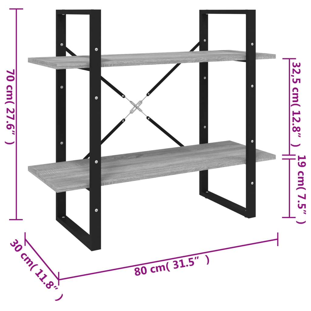 Βιβλιοθήκη με 2 Ράφια Γκρι Sonoma 80x30x70 εκ. Επεξεργ. Ξύλο