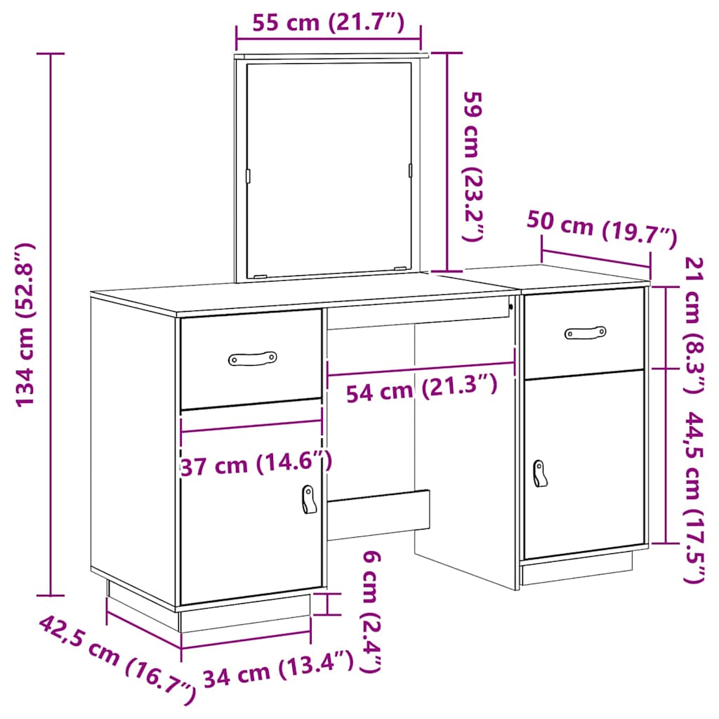 Μπουντουάρ Σετ με Καθρέπτη Καφέ Μελί από Μασίφ Ξύλο Πεύκου - PAKOBAZAAR