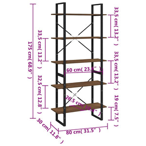 Βιβλιοθήκη με 5 Ράφια Καφέ Δρυς 80x30x175 εκ. Επεξεργ. Ξύλο