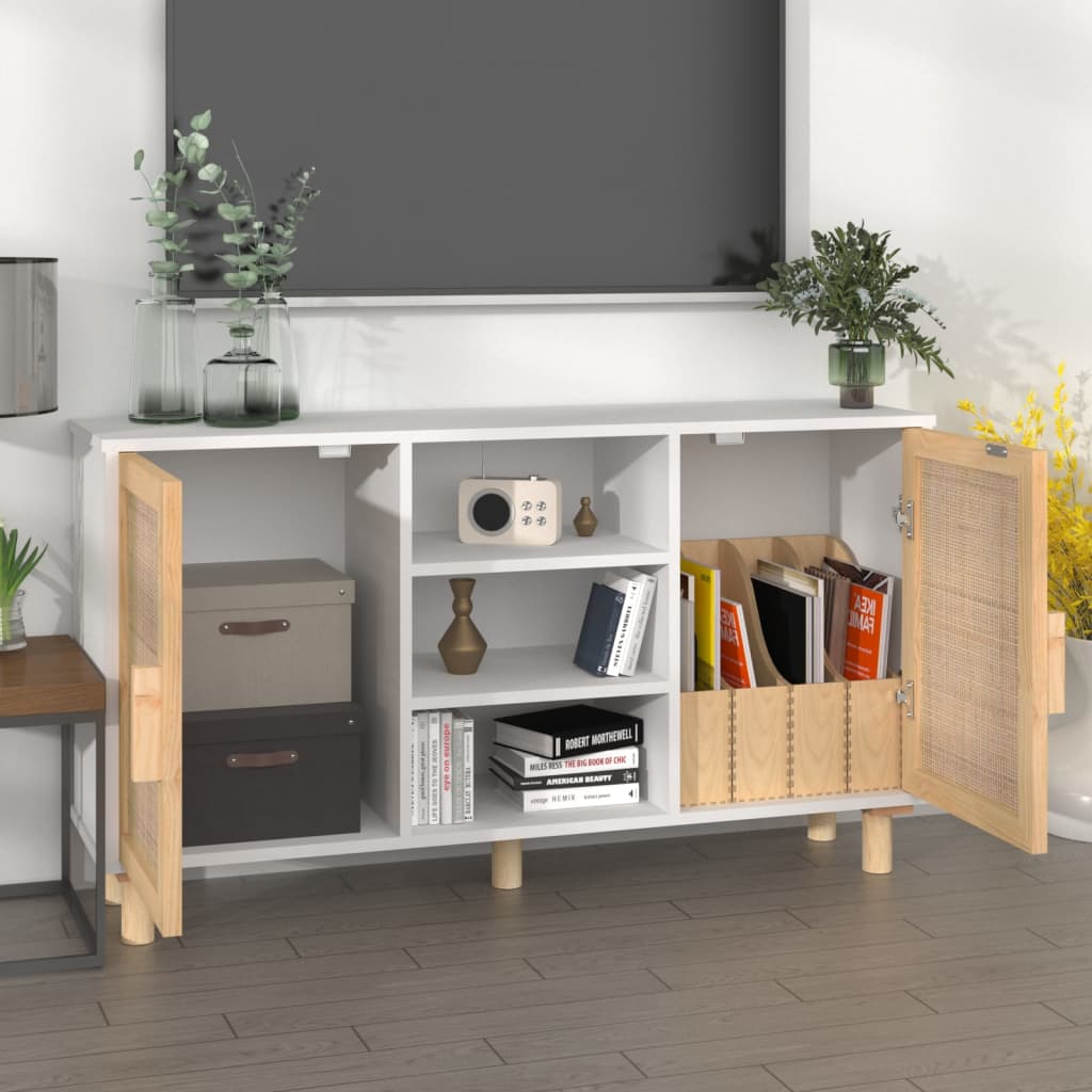 Μπουφές Λευκός 105 x 30 x 60 εκ. Μασίφ Πεύκο & Φυσικό Ρατάν