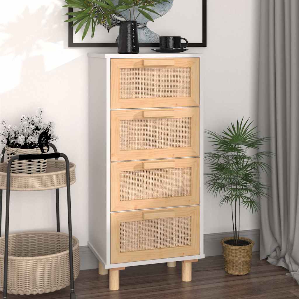 Συρταριέρα Λευκή 40 x 30 x 90 εκ. Μασίφ Πεύκο & Φυσικό Ρατάν - Pakobazaar