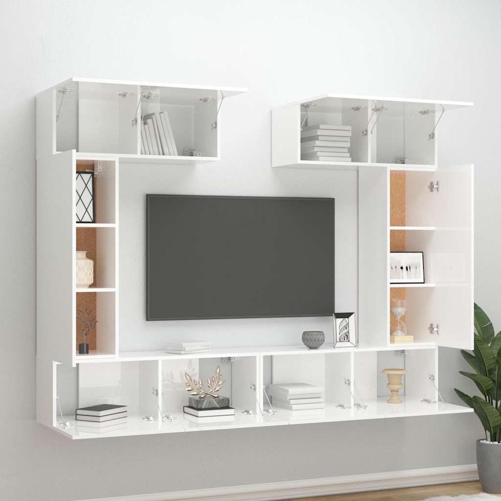 Σετ Επίπλων Τηλεόρασης 6 Τεμαχίων Γυαλ. Λευκό Επεξ. Ξύλο