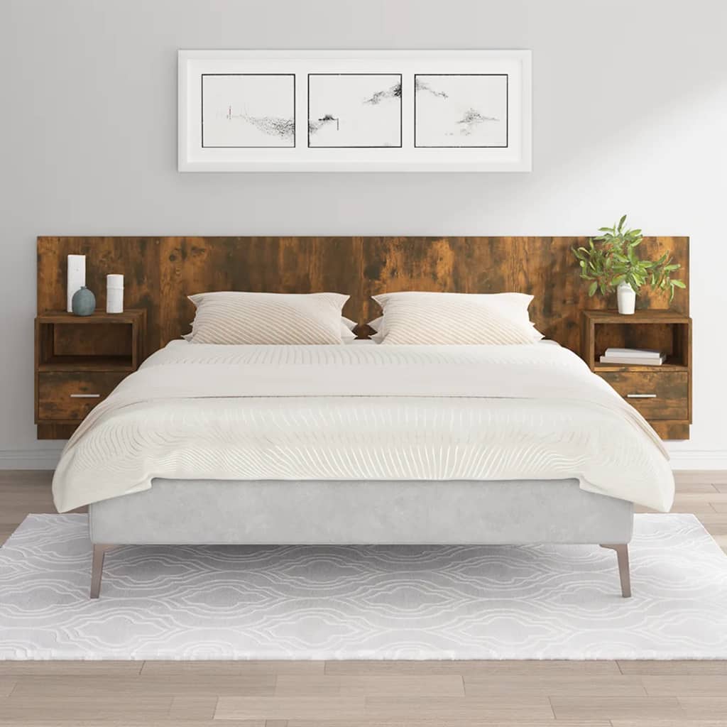 Κεφαλάρι Κρεβατιού με Κομοδίνα Καπνιστή Δρυς Επεξεργασμένο Ξύλο - PAKOBAZAAR