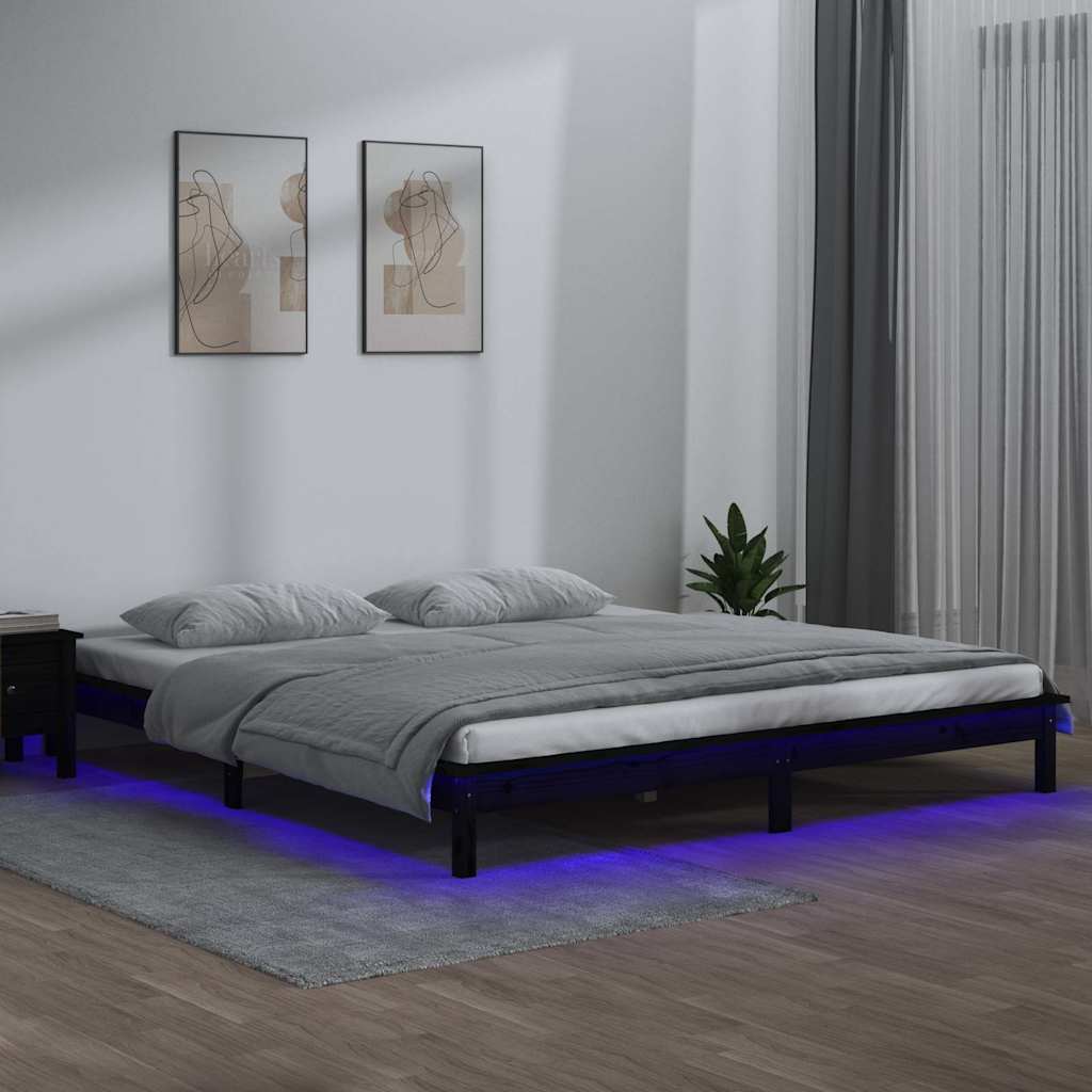 Πλαίσιο Κρεβατιού με LED Μαύρο 140 x 200 εκ. από Μασίφ Ξύλο - Pakobazaar