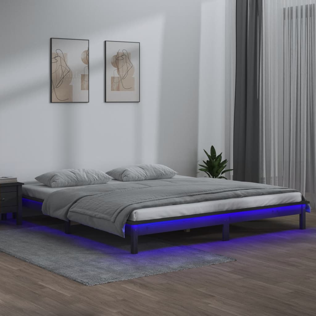 Πλαίσιο Κρεβατιού με LED Γκρι 200 x 200 εκ. από Μασίφ Ξύλο - Pakobazaar