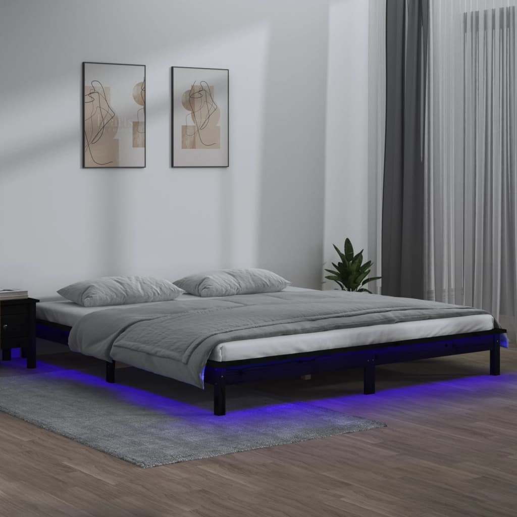 Πλαίσιο Κρεβατιού με LED Μαύρο 200 x 200 εκ. από Μασίφ Ξύλο - Pakobazaar