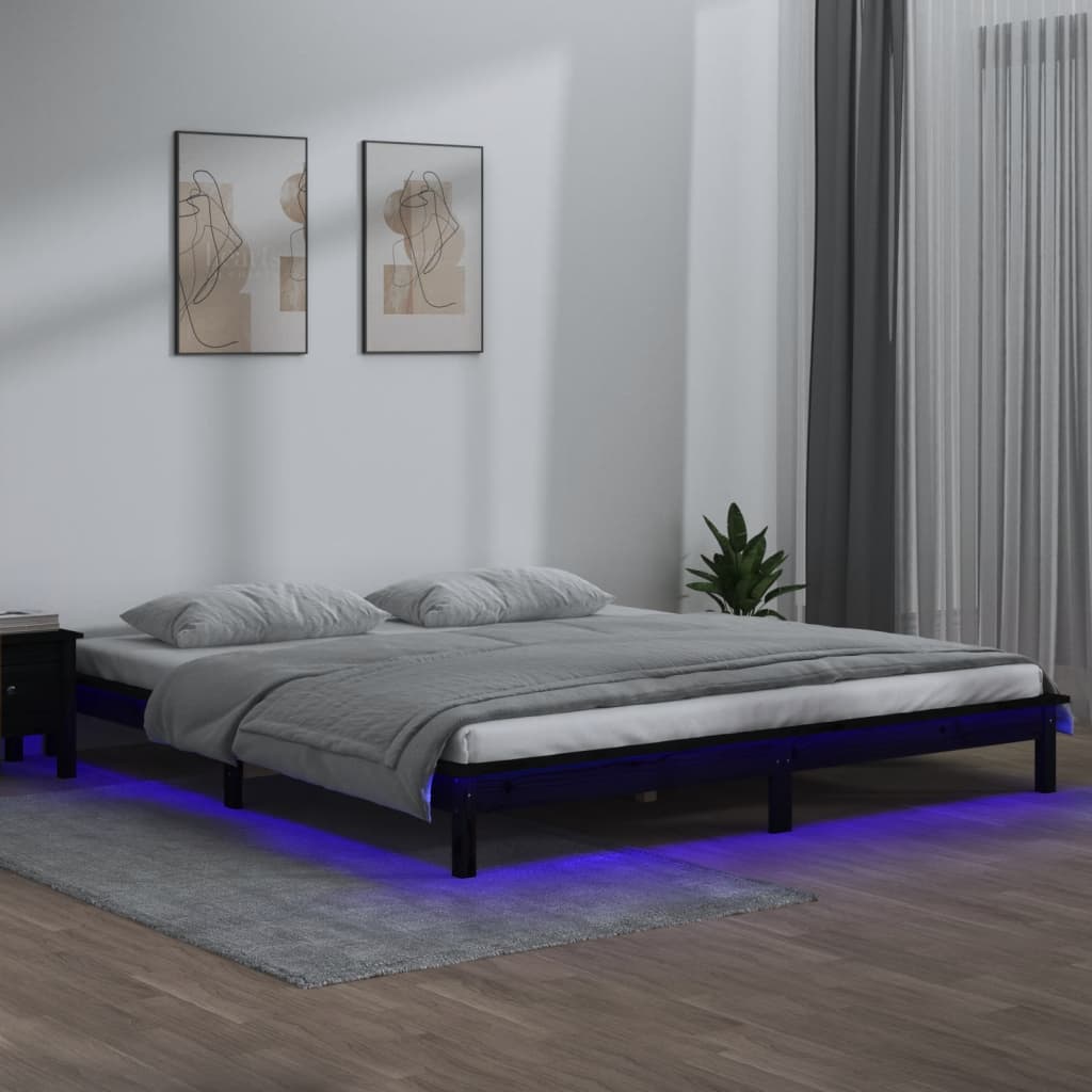 Πλαίσιο Κρεβατιού με LED Μαύρο 140 x 190 εκ. από Μασίφ Ξύλο - Pakobazaar