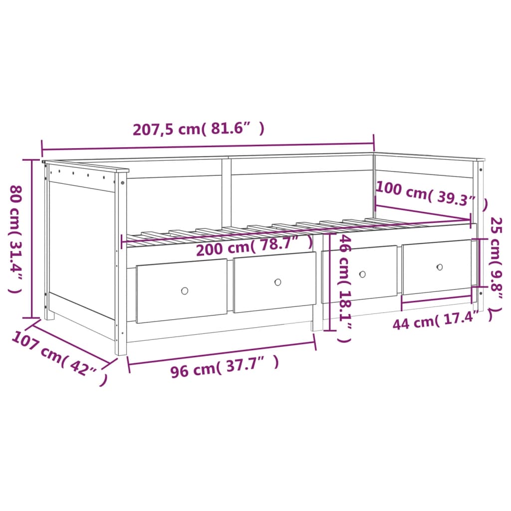 Κρεβάτι ημέρας χωρίς στρώμα Λευκό 100x200 cm Στερεό ξύλο πεύκο
