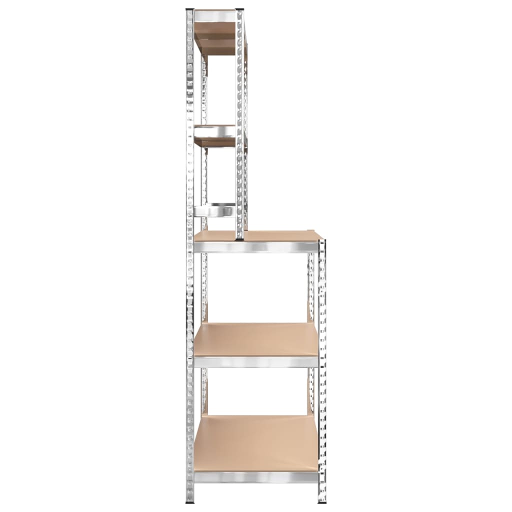 Τραπέζι Εργασίας 5 Επιπέδων με Ράφια Ασημί Ατσάλι & Επεξ. Ξύλο - PAKOBAZAAR